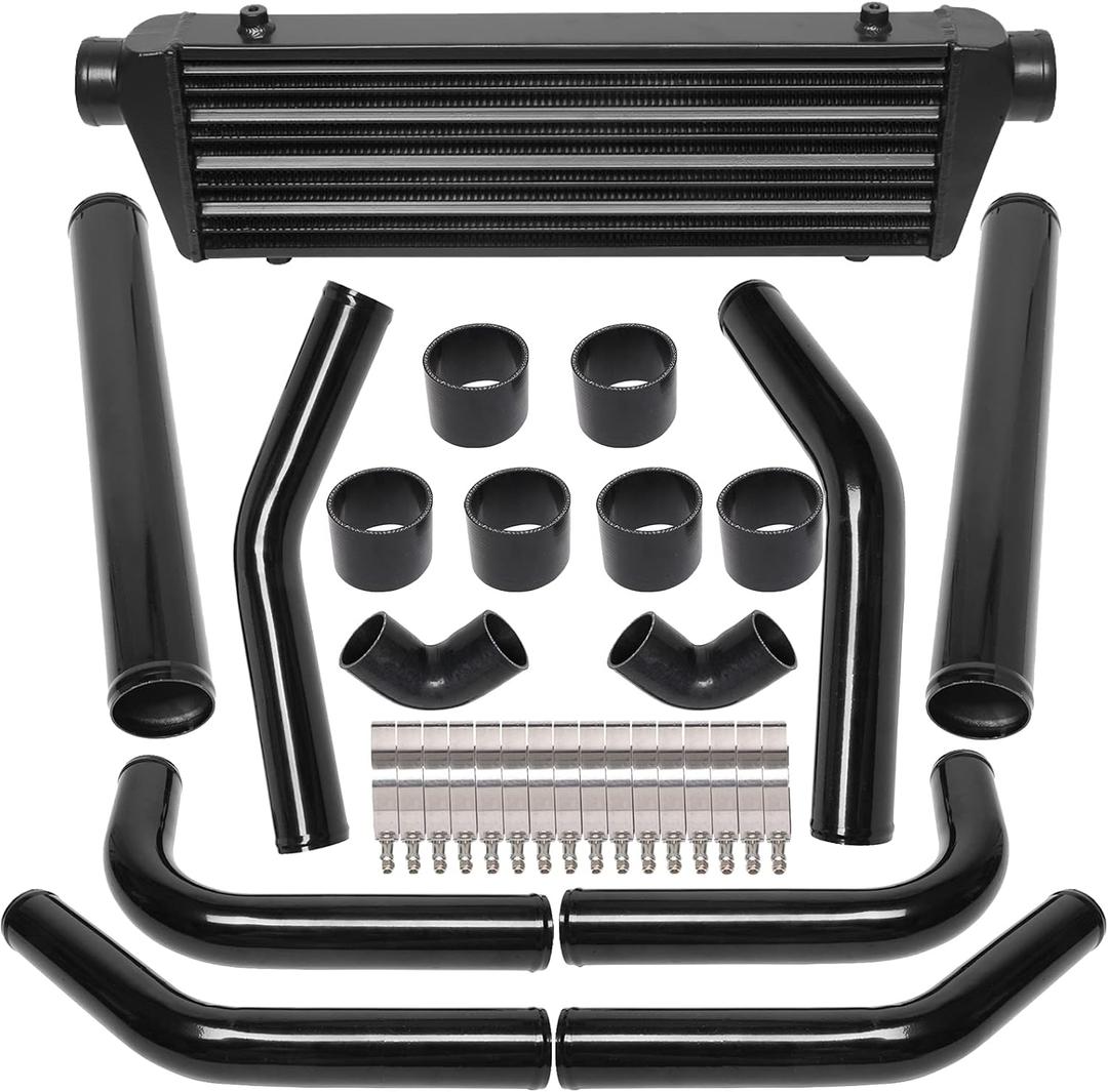 28" x 7" x 2.5" Universal Intercooler Kit with Intercooler + 2.5" 8pcs Bent Pipes + 6pcs Straight Couplers + 2pcs 90 Degrees Elbow Couplers + 16pcs Clamps Black
