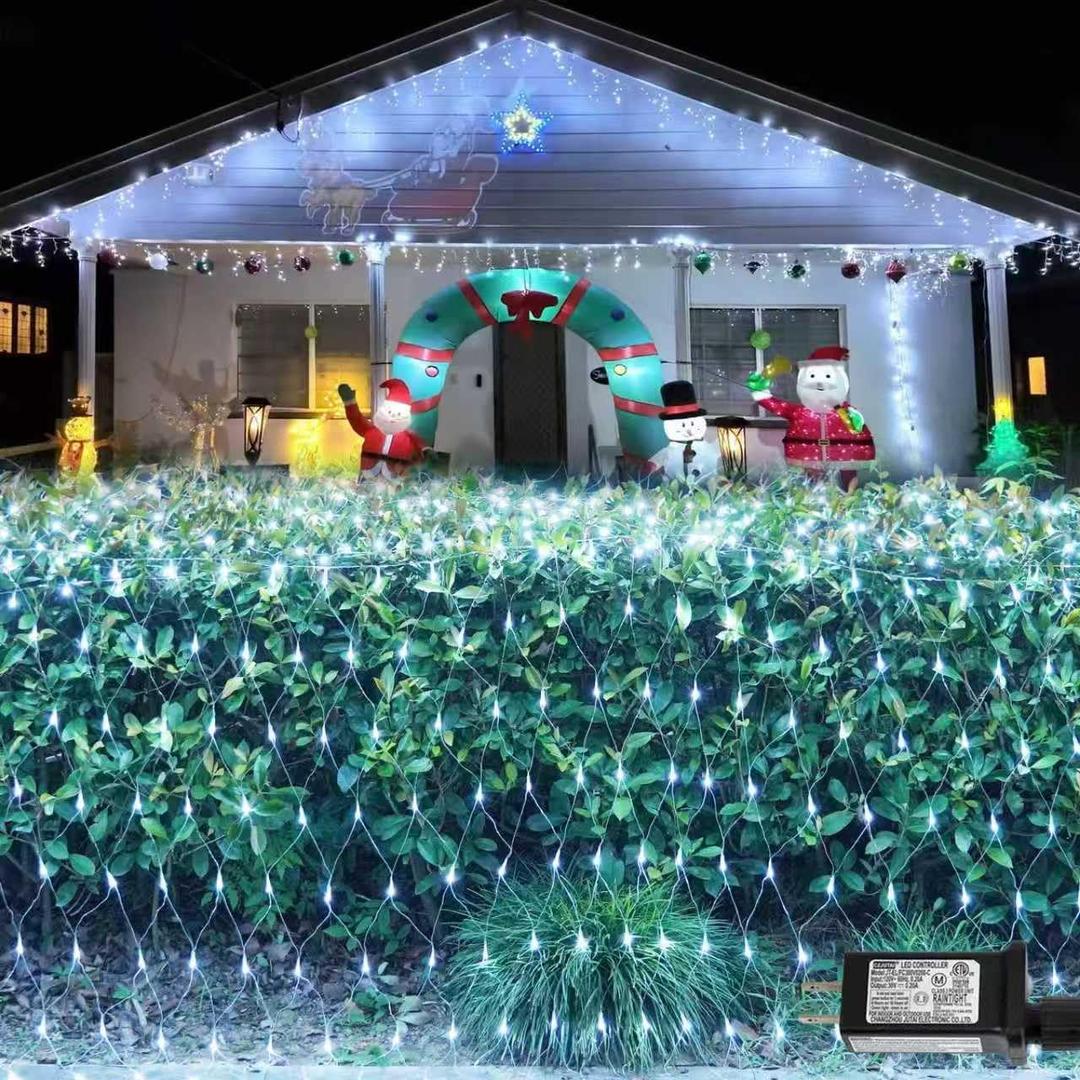 YEGUO Net Lights Outdoor Mesh Lights, 12ft x 5ft 360 LED White Bush Light Outdoor Waterproof, 8 Modes Connectable Clear Wire Christmas Light Plug in
