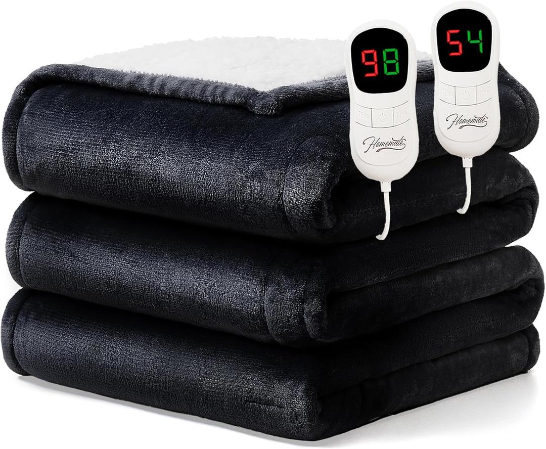 Homemate Electric Heated Blanket Queen Size - 84"x90" Heating Blanket Queen Size Dual Control 1/2/4/6/8 Hours Auto-Off 10 Heat Level Over-Heat Protection Flannel Sherpa ETL Certification (07 - Black)