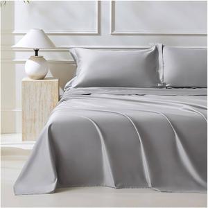 4 Piece Luxury Satin Bed Sheets Set with Pillowcases - Ultra Soft & Silky, Hypoallergenic & Wrinkle-Free, Hotel Quality Comfort Bedding, Size Full, Light Gray