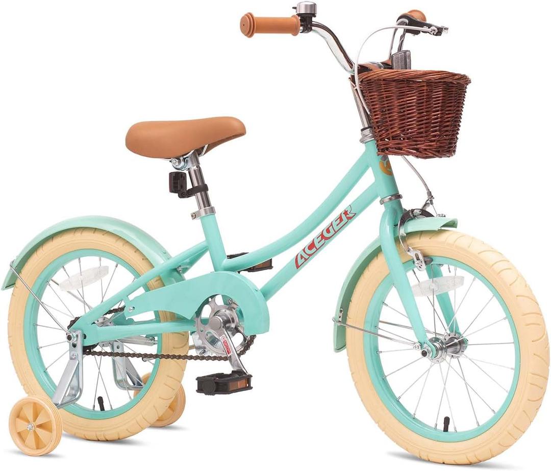 ACEGER Retro Princess Kids Bike with Basket for 3-12 Years Old Girls, Included Coaster Brake & Caliper Brake, 14 16 18 Inch with Training Wheels, 20 Inch with Kickstand, Vintage Bicycle for Gifts.