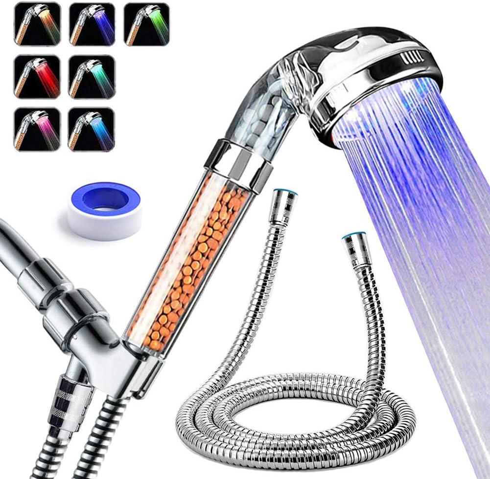 PRUGNA LED Shower Head with Hose and Shower Arm Bracket, High-Pressure Filter Handheld Shower for Repair Dry Skin and Hair Loss - 7 Colors Change Cyclically