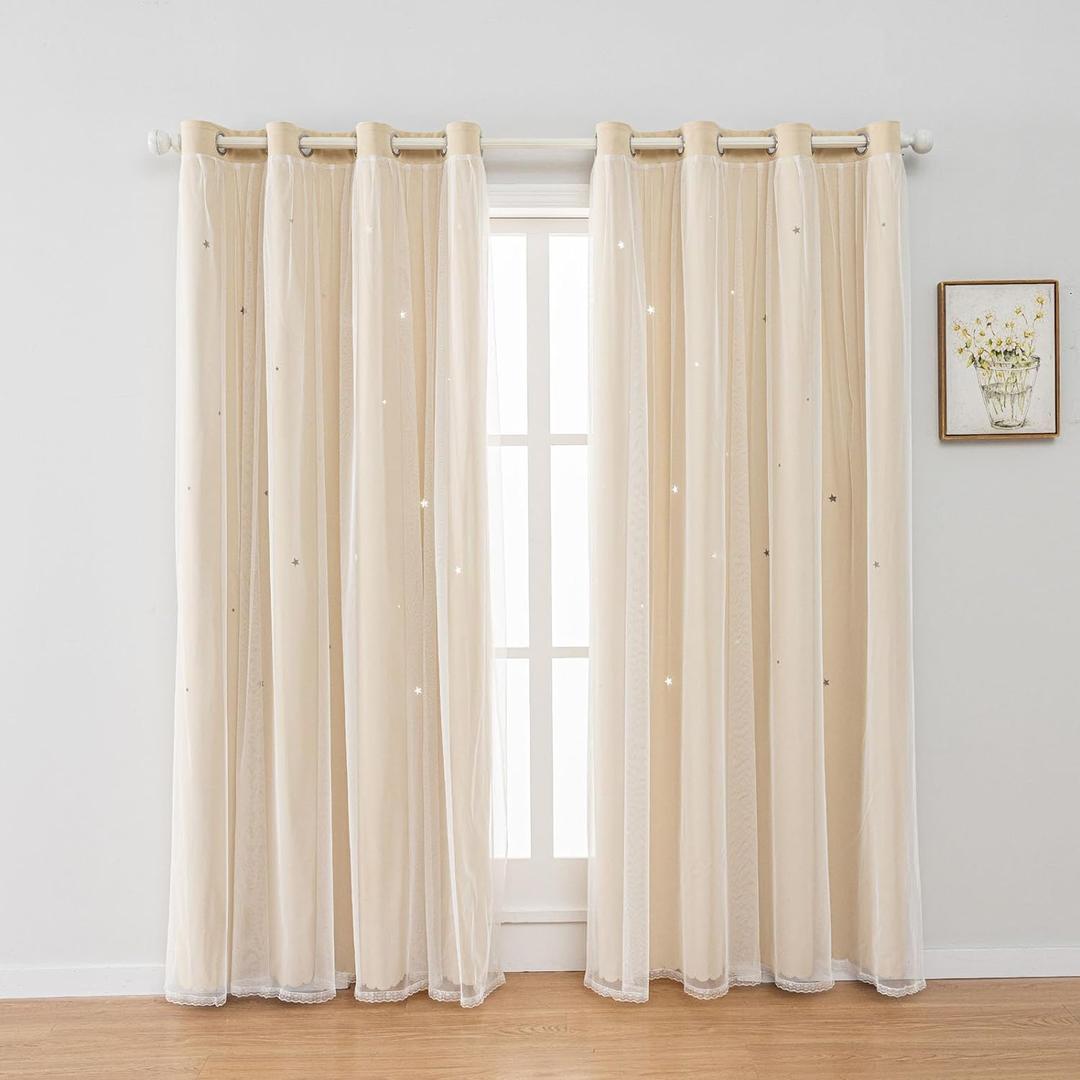 1 Panel Star Blackout Curtains for Kid Girls Bedroom Living Room Darking Stripe Double Layer Star Cut Out Wall Home Decor Gradient Grommet Window Curtains (Beige 95L)