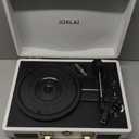 Record Player 3 Speeds Turntable with Bluetooth Built-in Battery Stereo Speakers Vintage Record Player Belt Driven Portable Suitcase PC Recording White