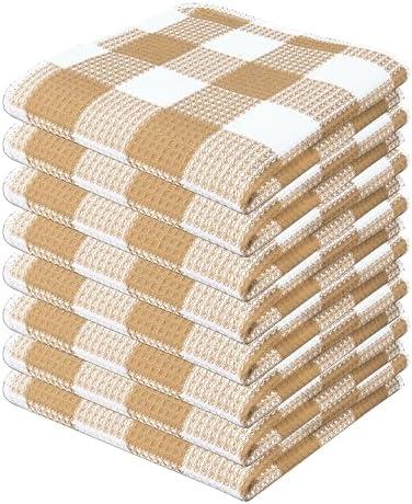 PurpleEssences Waffle Weave Plaid Dish Cloths, 100% Cotton, 28x14 Inch, Soft Absorbent Quick Drying Buffalo Check Dish Rags for Kitchen, 8 Pack, Christmas Holiday Winter - Beige & White 4Pcs