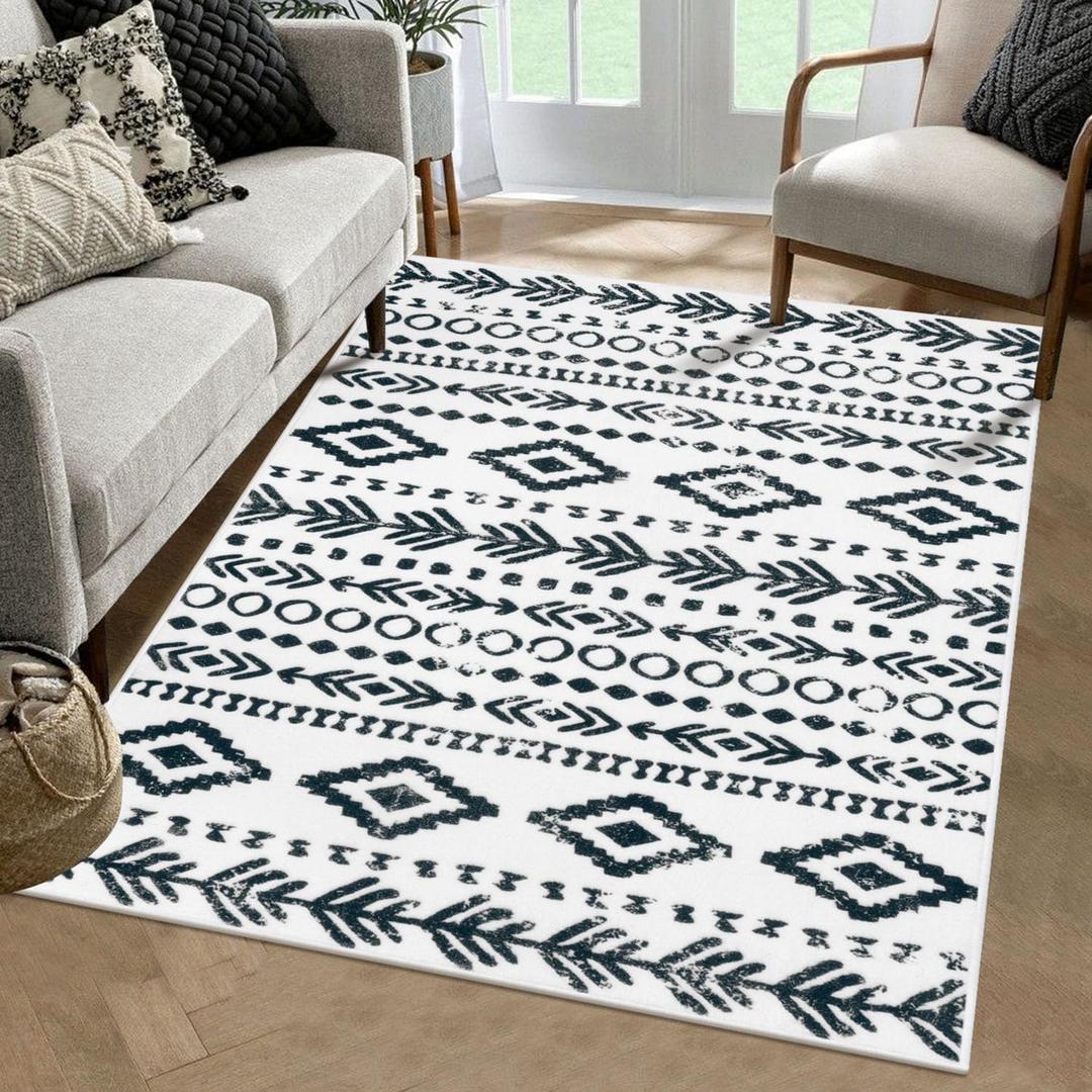 Lahome Area Rugs 4x6 Living Room, Washable Non Slip Soft White Rug, Low Pile Moroccan Tribal Print Boho Front Door Rugs, Non Skid Rubber Backed Carpet for Bedroom Play Room Office Nursery Varena