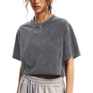 Womens Oversized Vintage T Shirts Casual Cropped Tees Short Sleeve Cotton Acid Wash Tops Summer Grunge Shirts (Large, Grey)