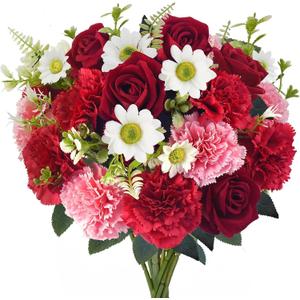 HUAESIN Artificial Valentine Flowers Pink Red Valentines Bouquet with Silk Carnations Velvet Roses Valentines Day Decor Flower Arrangements for Cemetery Grave Home Decor Table Centerpieces
