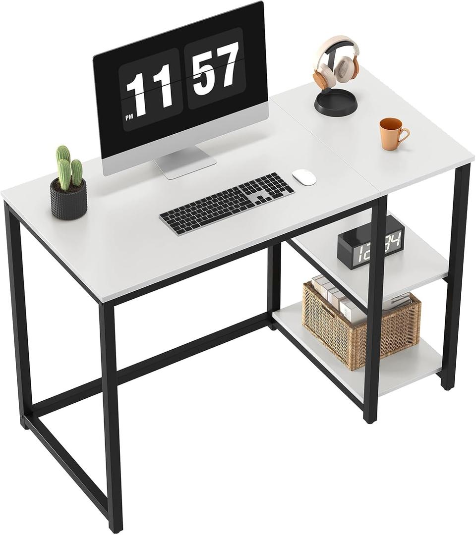 SINPAID Computer Desk 40 inches with 2-Tier Shelves Sturdy Home Office Desks with Large Storage Space Modern Gaming Desk Study Writing Laptop Table, White