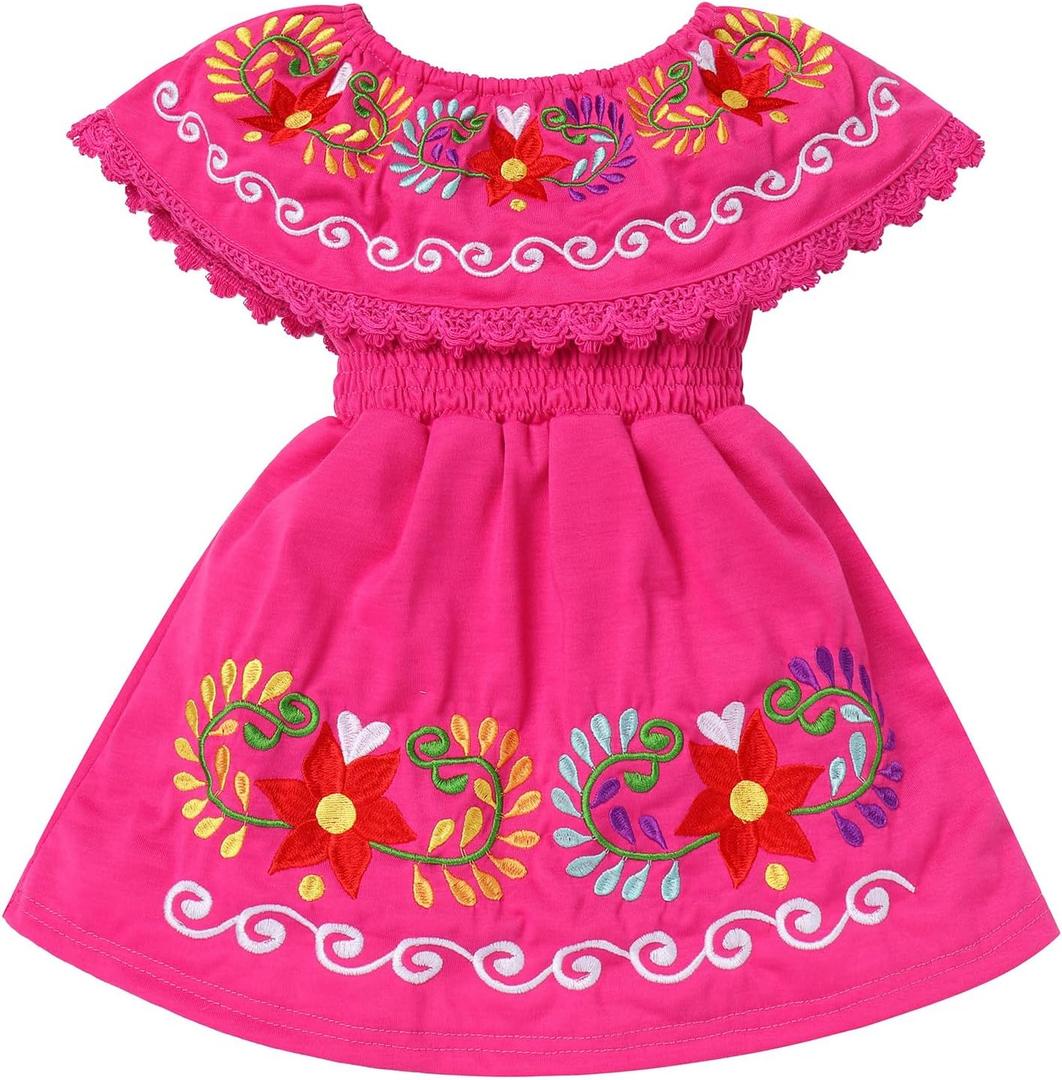 Mexican Dress for Toddler Girls Floral Embroidered Dresses Traditional Folklorico Off-Shoulder Cinco de Mayo Dresses (2-3T, Hot Pink)