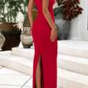 PRETTYGARDEN Women's Summer Wedding Guest Dresses 2025 Sleeveless Ruched Bodycon Fitted Maxi Long Cocktail Dress with Slit (Red)