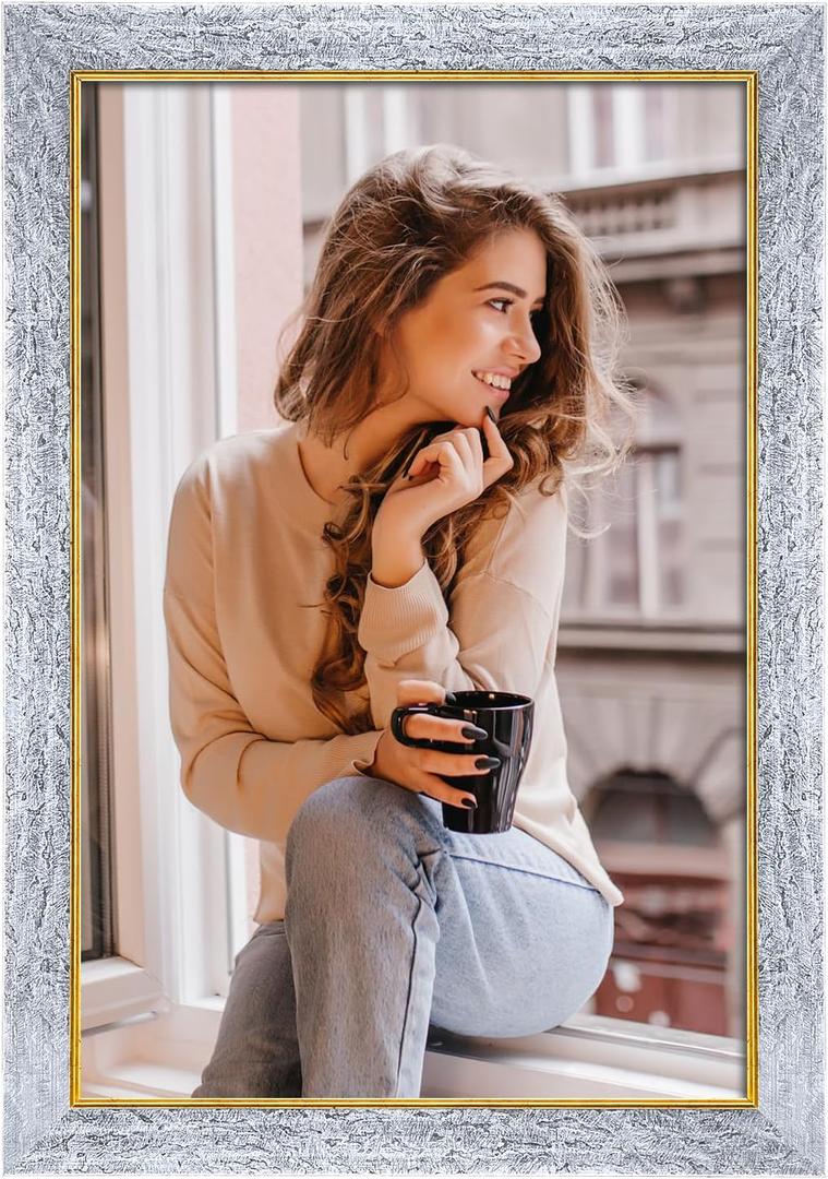 12x18 Silver Wood Frame with Gold Trim, Natural Wooden 18x12in Picture Frames, For 12 x 18inch Gallery Photo Pic with HD Plexiglass, 1.85in Widen, Horizontal Vertical Wall Display 1Pcs