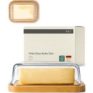 KIVY Large Butter Dish with Lid - Fits 2 Butter Sticks and Wider Sizes (Kerrygold, European Styles, Eastern, Western) - 2 Stick Butter Dish - Glass & Bamboo