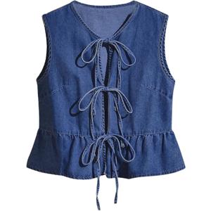 Remidoo Women's Tie Front Denim Vest Sleeveless Peplum Top Ruffle Hem Jean Waistcoat