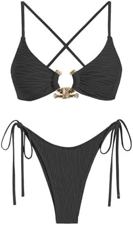 ZAFUL Women's Bikini Sets Ribbed Metal O Ring Criss Cross Two Piece Swimsuit Cheeky High Cut Side Tie Thong Bathing Suit M