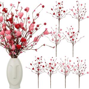 12 Pcs Valentine Floral Picks Pink Artificial Berry Stems Heart Shaped Branch Heart Sprays Picks Flowers for Valentine Mother's Day Christmas, Wedding, Propose Home Decor