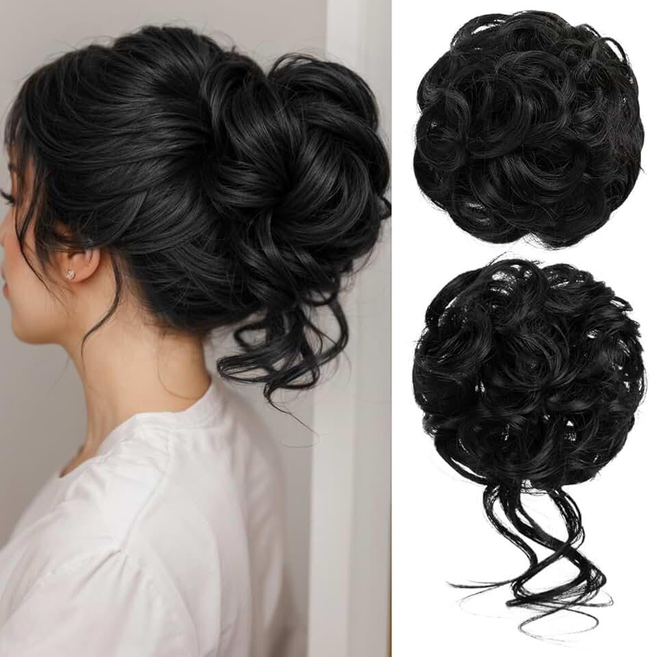 CJL HAIR 1PCS Messy Bun Hair Pieces Wavy Curly Synthetic Updo Chignon Fake Scrunchies Ponytail Extension for Women Black