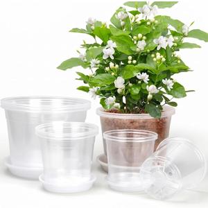 RAOOKIF 10/8/6/5 Inch Clear Nursery Pots with Drainage Hole and Saucers, 12 Pack Large Nursery Pots for Plants for Indoor Outdoor, Plastic Clear Plant Pots for Flowers, Succulents, Vegetables