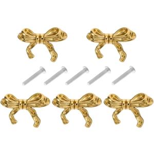 DOITOOL Gold Bow Knobs for Dresser, 5PCS Bow Shape Cabinets Knobs for Cabinet Drawer Cupboard Pulls Handle Decor Furniture Accessories