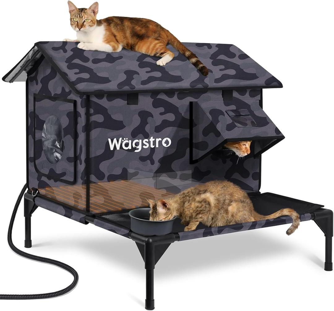 Wagstro Large Heated Cat House for Outside with Dampless Deck, Highly Elevated, Exit-Only Door, Waterproof Insulated Outdoor Cat Shelter for Feral Stray Barn Cat (27.5"x24.4"x24.8", Camo Black)