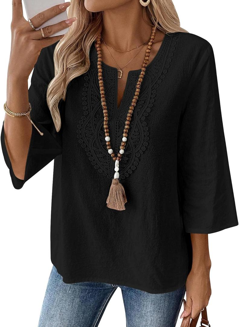 LOMON Womens 3/4 Sleeve Tops Cotton Linen Shirts V Neck Lace Casual Loose Fit Blouses Boho Fashion (Black)