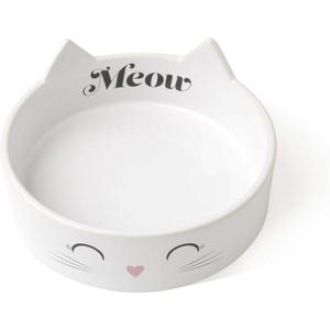 PetRageous 16037 Meow Kitty Dishwasher Safe Stoneware Cat Bowl 5-Inch Diameter 1.5-Inch Tall with 1-Cup Capacity for Cats, White