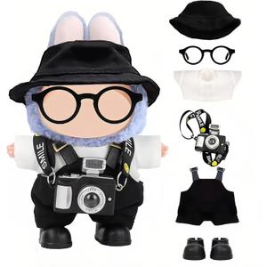3 x Clothes for LABUBU 17cm Doll (NO Doll) 6-Piece Set, Hat + Overalls + Shirt + Camera + Glasses + Shoes, Outfit for LABUBU, Premium Dolls Accessories for LABUBU (Black)