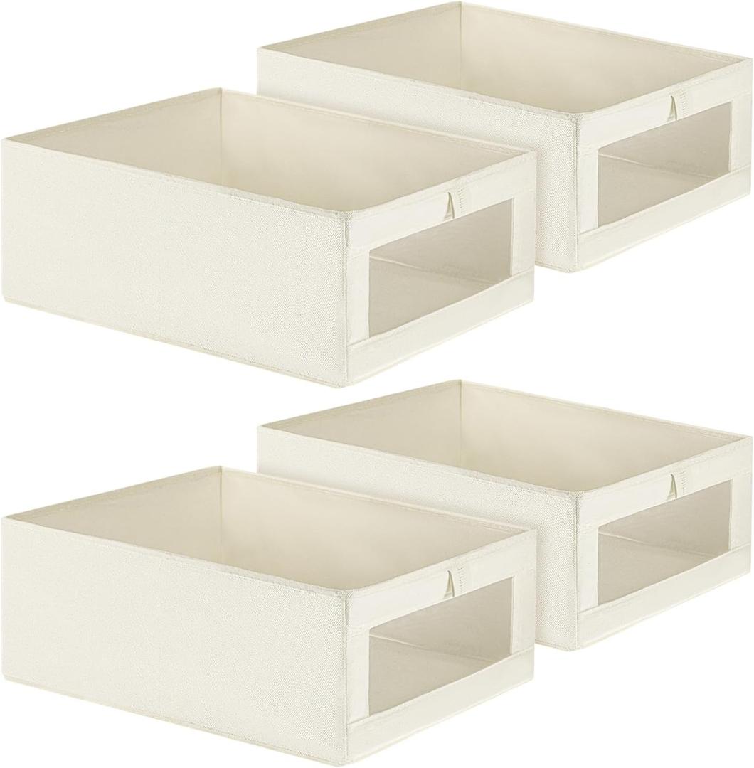 4 Pack Linen Closet Organizers and Storage, Foldable Linen Storage Bins for Organization, Large Storage Baskets with Window Storage Containers for Organizing Clothes, Jeans, Books, Shelves, Wardrobe