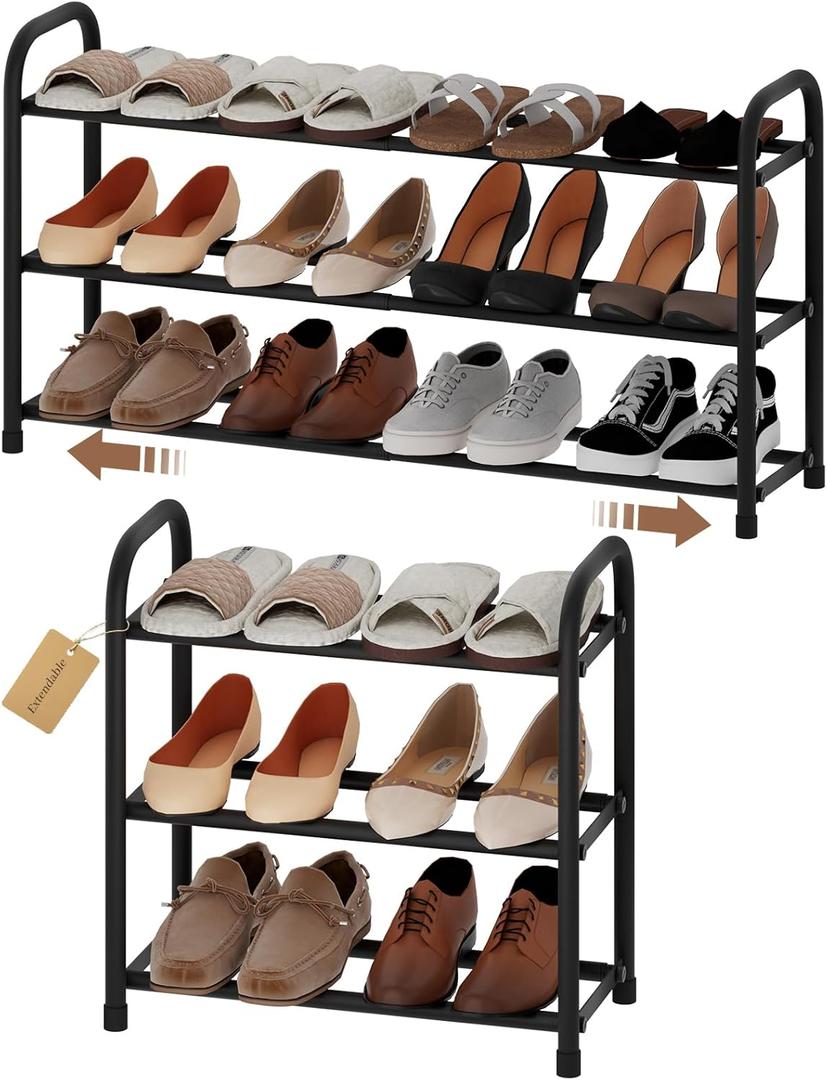 Expandable Shoe Rack, 3-Tier Metal Small Shoe Rack, Adjustable Shoes Organizer, Storage Shelf for Closet, Entryway, Black