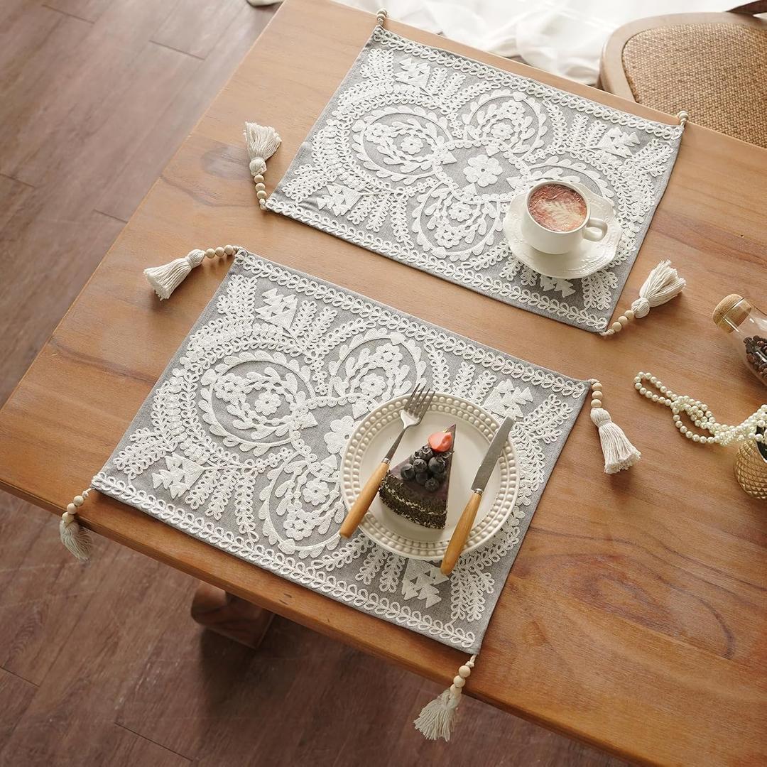 Embroidered Placemat Boho Farmhouse Place Mats Macrame Rustic Lace Doily with Tassel for Kitchen Indoor Outdoor Fireplace (Gray, 14 x 18 Inches 2PCs)