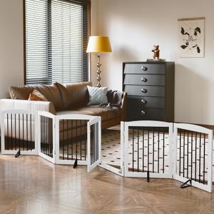 PUPETPO Freestanding Pet Gates with Walk Through Door, Dog Indoor Fence, Dog Gate for The House, Stairs, Extra Wide Pet Gate, Support Feet Included, 120 Inch Wide, 6 Panels 24" Tall, White & Black