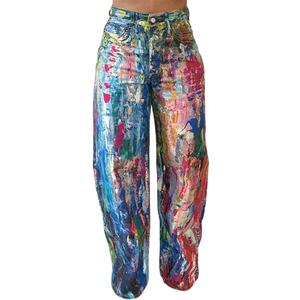 Women's Tie Dye Print Splash Jeans Baggy Printed Wide Leg Pant High Waisted Vintage Pants with Pockets Size XL