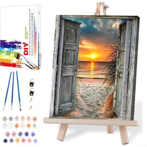 MIRCVSH Sunset Beach Paint by Numbers for Adults-Landscape Paint by Number on Canvas with Wooden Framed,DIY Acrylic Oil Painting by Number Kits for Adults Gift Home Wall Decor(12x16inch) (DKH030)