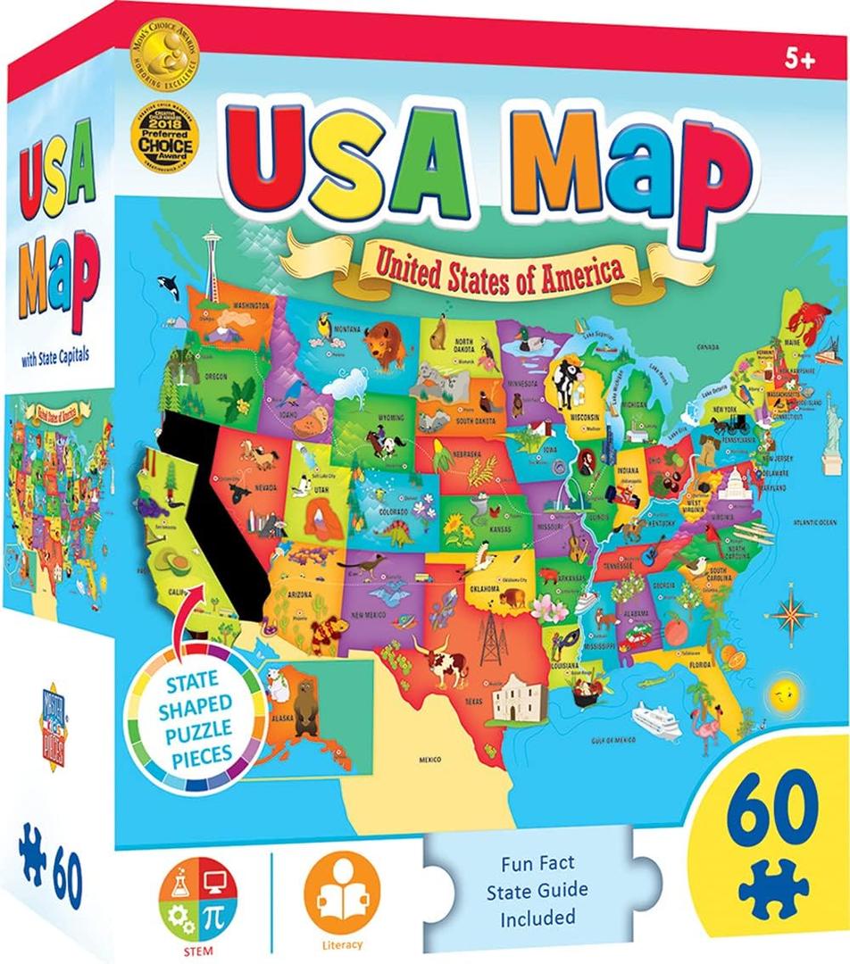 MasterPieces 60 Piece Educational Jigsaw Puzzle for Kids - USA Map State Shaped - 16.5"x12.75"
