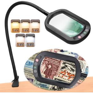 VEEMAGNI 10X Magnifying Glass with Light and Clamp, Rectangle 24" Gooseneck Magnifier with Stand, 5 Color Modes Dimmable LED Lighted Desk Lamp, Hands Free Magnifier for Reading Painting Crafts Jewelry (Black)