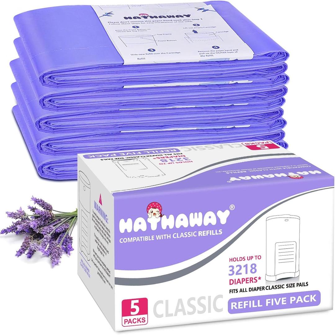 Diaper Pail Refill Bags Compatible with Dekor Classic Diaper Pail, Lavender Scented, Extra 30% Long, 5 Pack