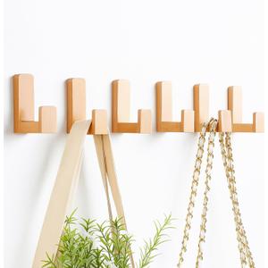 Teenyyou 6 Pack Cute Kids Coat Wall Hooks Wooden Adhesive Decorative Colorful Wall Mounted Hangers Backpack Hooks for Hanging Keys Towel Clothes Bathroom Organization(Wood Color)