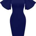 Memoriesea Women's Basic Bodycon Ruffle Flared Short Sleeve Pencil Midi Dress Navy Blue, XL