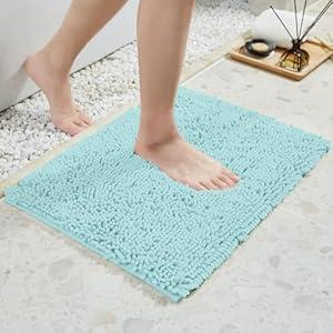 TECHMILLY Soft Fluffy Chenille Bathroom Rugs, Non Slip Absorbent Bath Mats for Bathroom, Washable and Quick Dry, Khaki, 17" x 24"