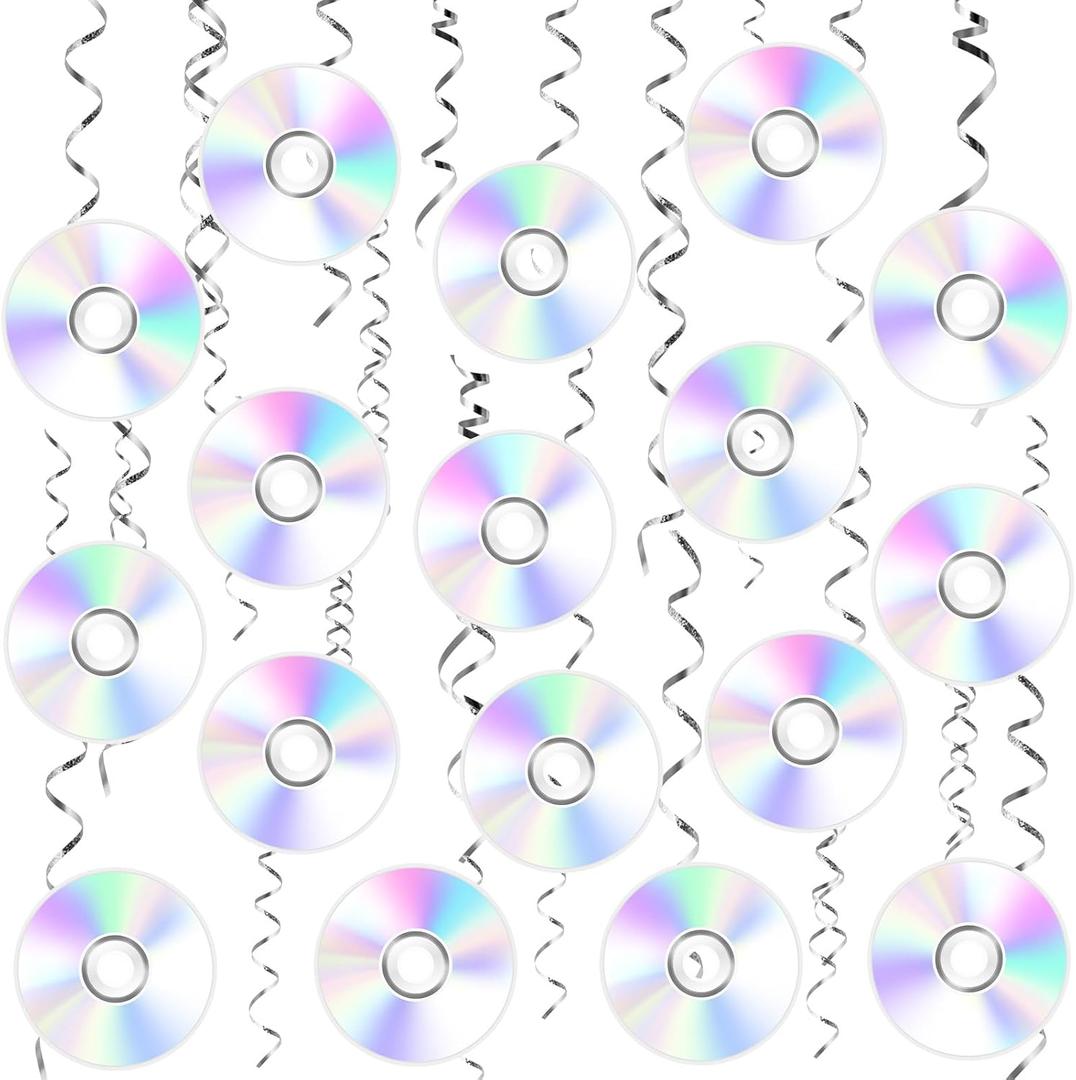 48pcs 90s Hanging Swirl Decorations, Iridescent CD Disc Theme Party Supplies for 90s/2000s Birthday Party & Baby Shower, Retro Music Ceiling Streamers with Glossy Finish