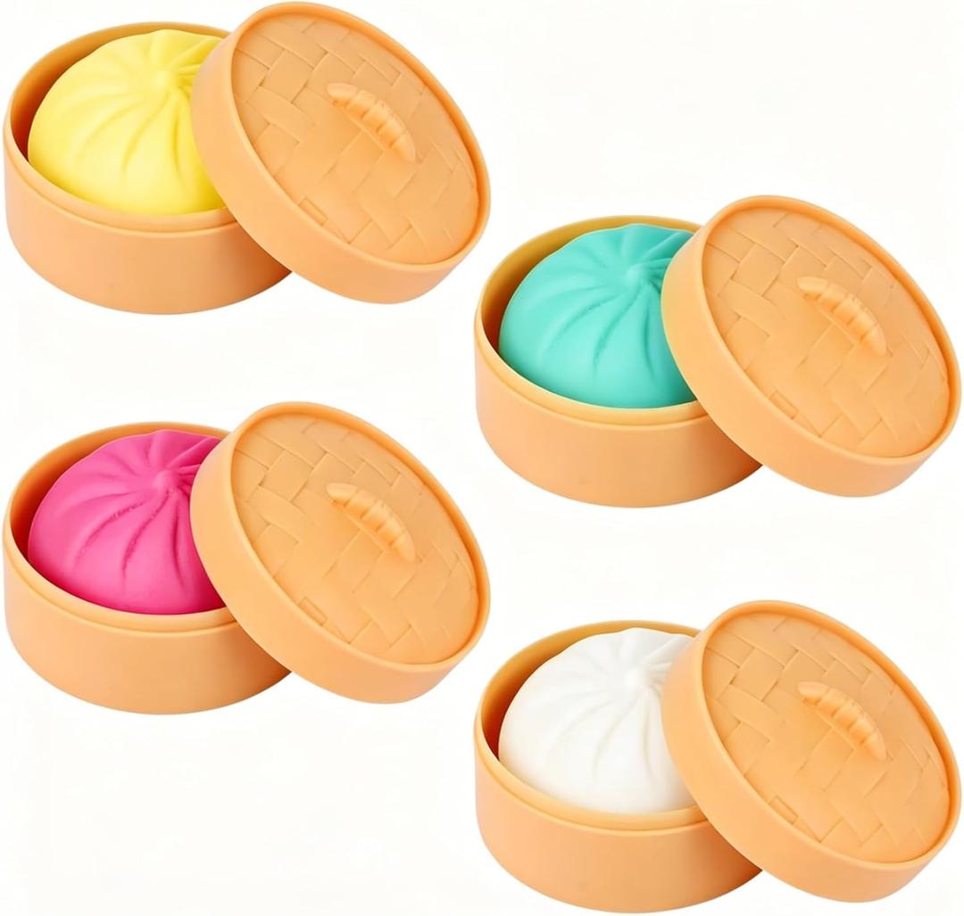 4PCS Dumplings Squishy, 3.5" Colorful Big Dumpling Stress Balls Fidget Toys Adults, Squeeze Dough Ball Stress Relief Hand Toys, with Food Steamer Stretchy, for Classroom Prizes, Easter Basket Stuffers