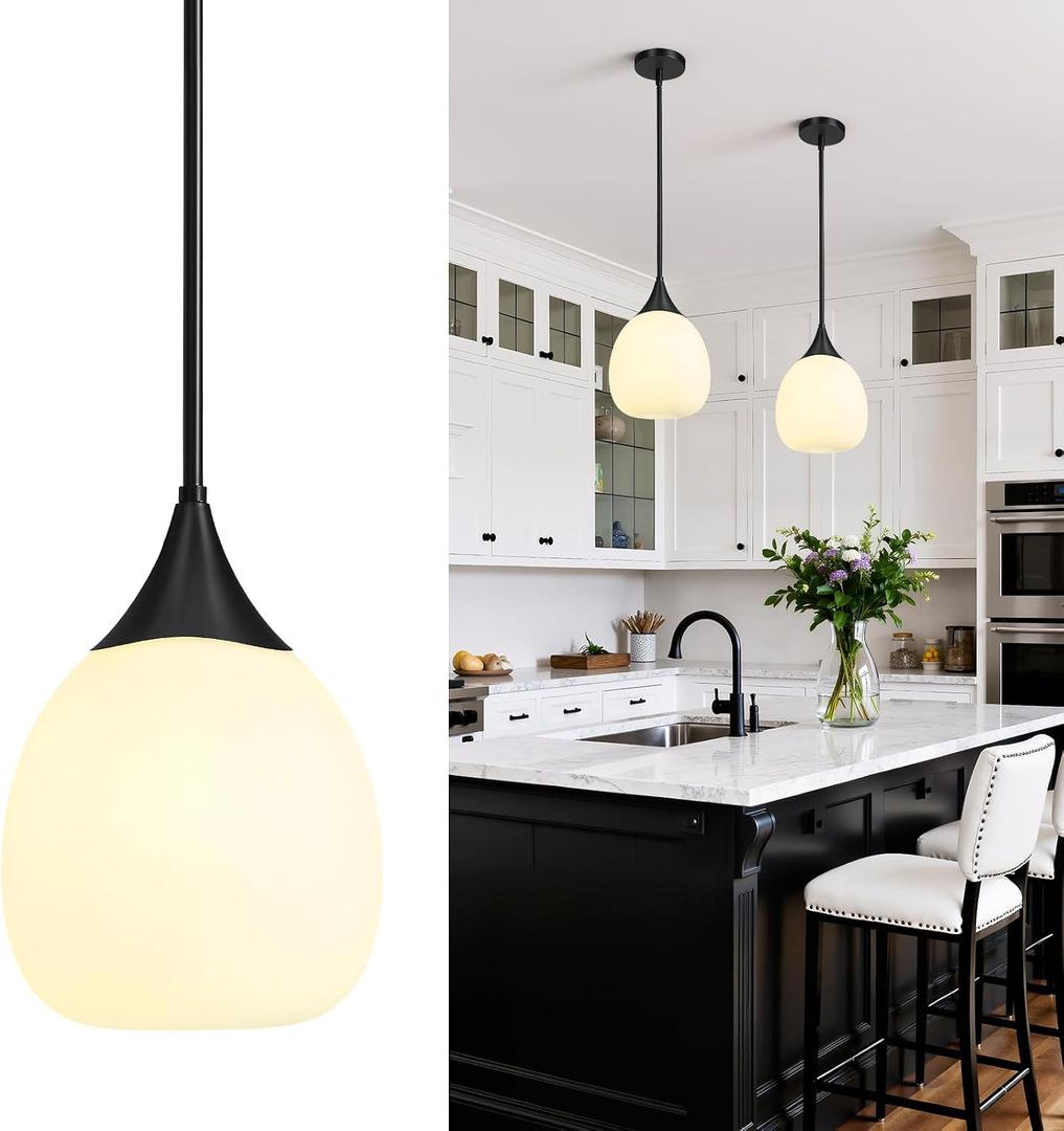 Kitchen Island Pendant Light: Mid Century Matte Black Hanging Light Fixtures with Frosted Glass Globe - 10 Inch Farmhouse Chandeliers Ceiling Lighting for Dining Room, 1 Pack-10inch