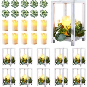 Neoflavie10 Set 30 Pcs Wooden Wedding Lantern Centerpiece,Include 10 Wooden Candle Holders 10 LED Candles 10 Eucalyptus Leaves Wreath for Rustic Table Decoration,Country Barn Wedding,Party-Retro White