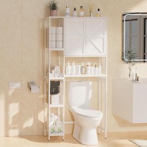 Bamboo Over The Toilet Storage, Above Toilet Organizer Storage Shelf Stand, Tall Freestanding Behind Toilet Rack Towel, Tiered Bathroom Space Saver Shelving, Easy Assembly (White)