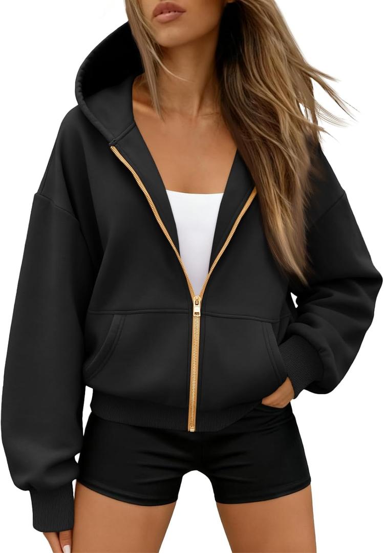 Trendy Queen Womens Zip Up Hoodies Fall Fashion Sweatshirt 2026 Clothes Y2K Cropped Jackets Cute Winter Outfits (Medium, Black)