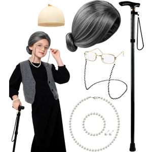 100 Days of School Old Lady Grandma Costume Accessories Set with Wig, Glasses, Cane & Faux Pearl Set