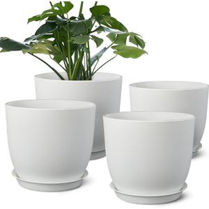 Plant Pots 8 Inch Set of 4, Flower Pots with Multi Mesh Drainage Holes, Planters for Indoor Outdoor Garden Plants and Flowers (White)
