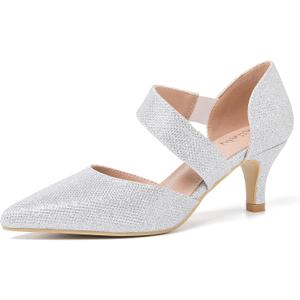 Women's Pointed Toe Kitten Heel Pumps, Elastic Strap Dress Shoes, Slip On Professional Office Wear (Silver, M)