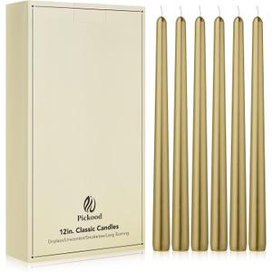 New Burning Formula Unscented Dripless 12-Inch Taper Candles Set of 12 - Gold, for Wedding, Dinner - Smokeless, Long Burning - Hand Poured, Colored Tall Candlesticks - Oro