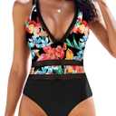 AI'MAGE Women One Piece Swimsuits Sexy Deep V Neck Bathing Suit Tummy Control Swimsuit Mesh Hollow Out Swimwear (Medium, Black Multi Floral)